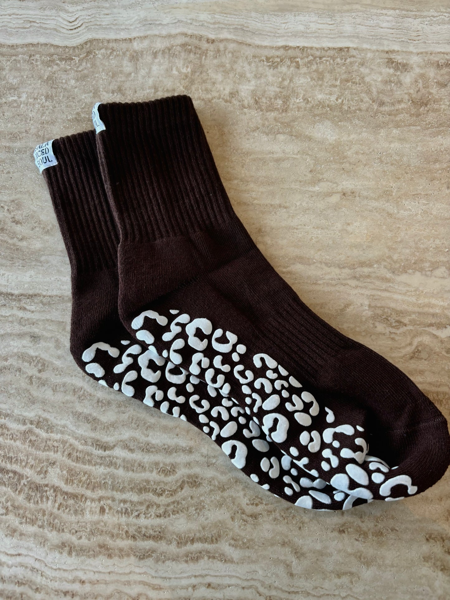 BROWN CREW SOCK - WHITE LEOPARD GRIP & BALANCED SOUL LABEL