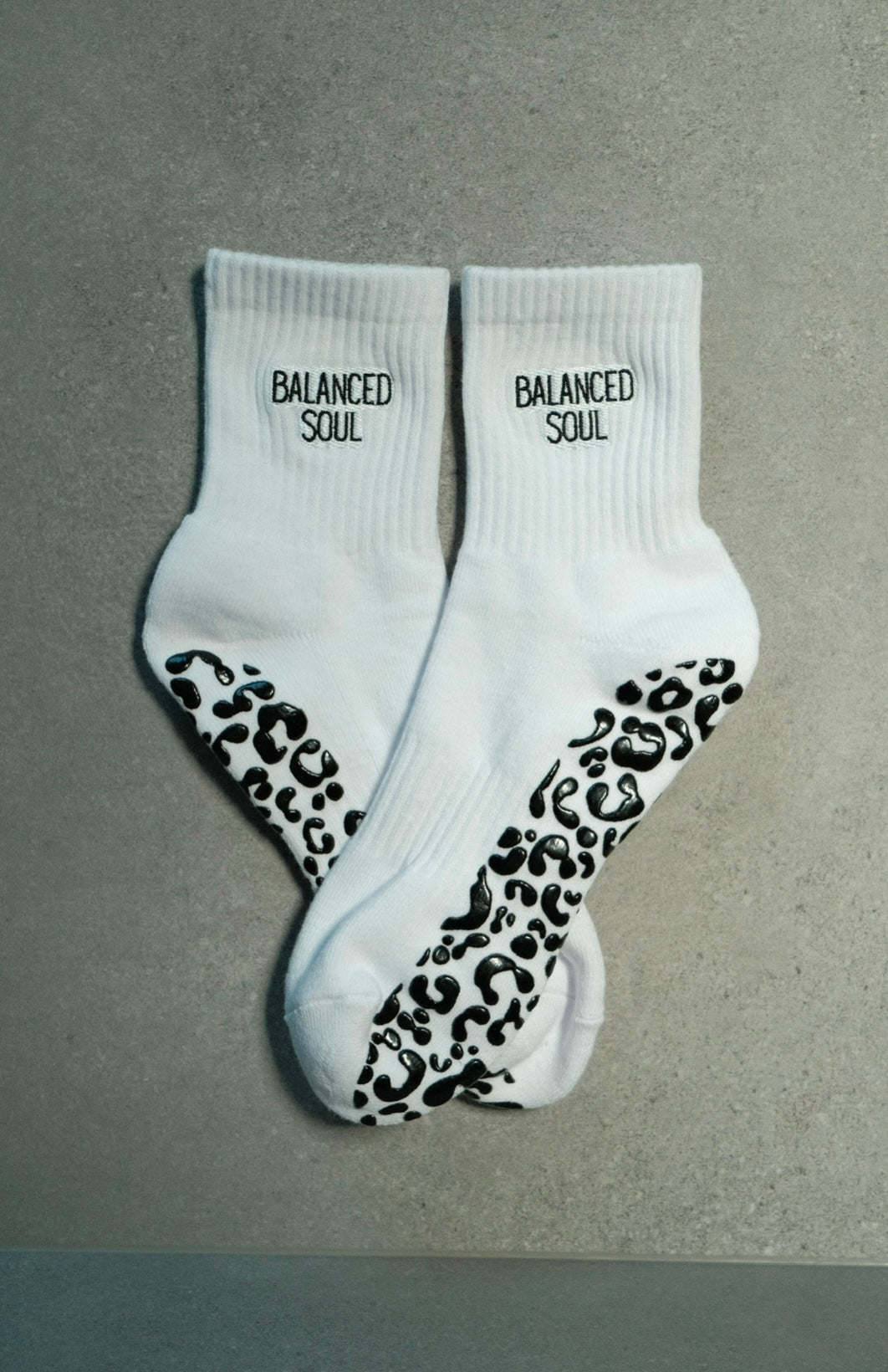 WHITE CREW SOCK - BLACK LEOPARD - EMBROIDERED LOGO