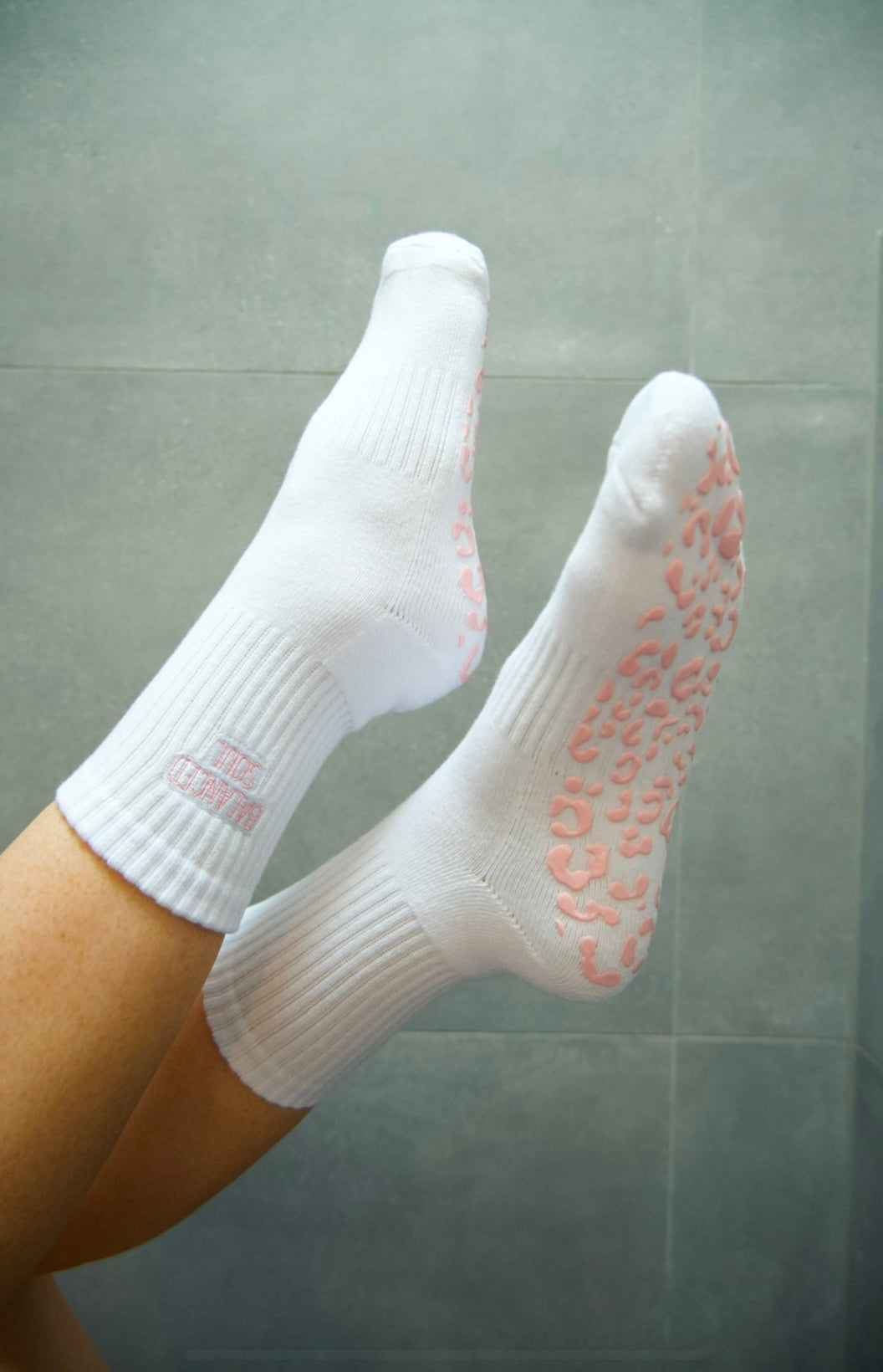 WHITE CREW SOCK - PINK LEOPARD - EMBROIDERED LOGO