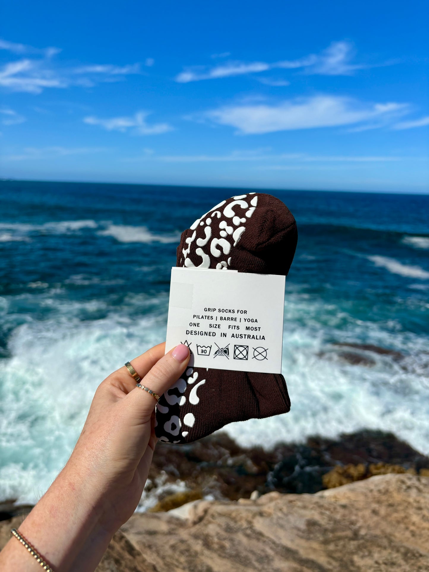 CHOCOLATE BROWN CREW SOCK W/ WHITE LEOPARD - Pilates socks