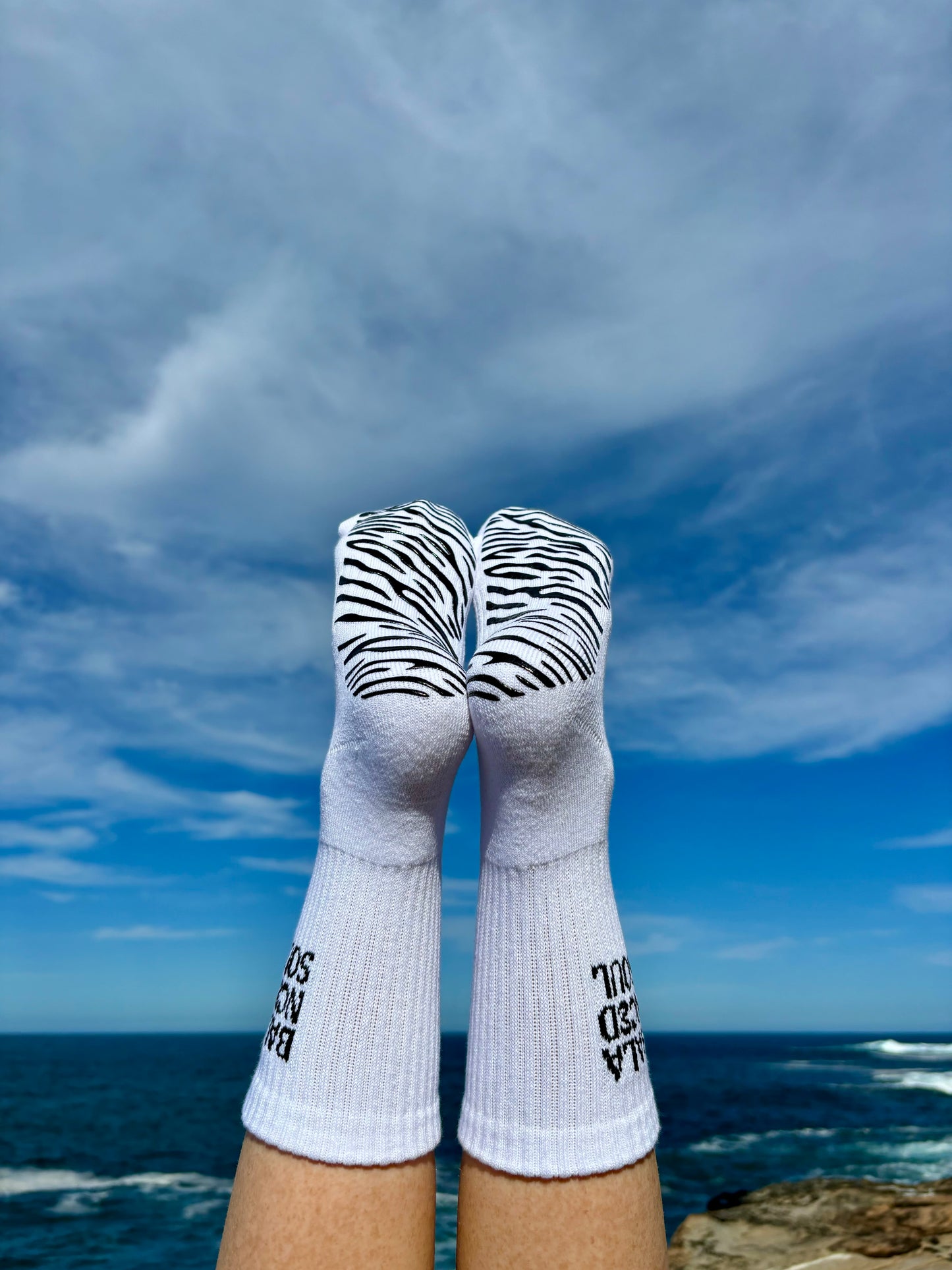 WHITE CREW SOCK W/ BLACK ZEBRA - Pilates socks