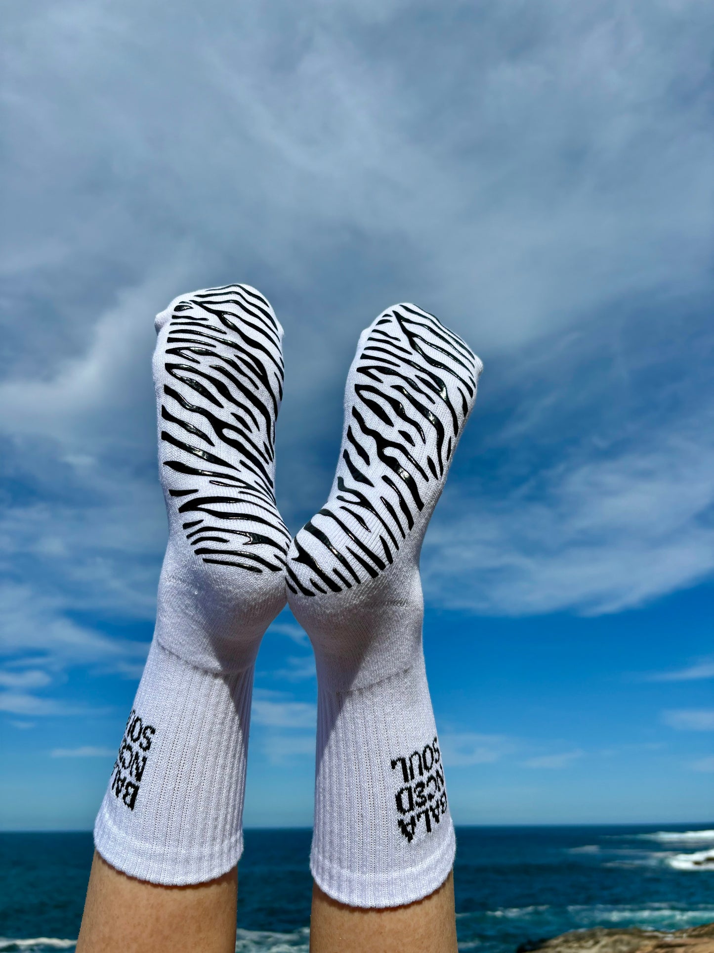 WHITE CREW SOCK W/ BLACK ZEBRA - Pilates socks