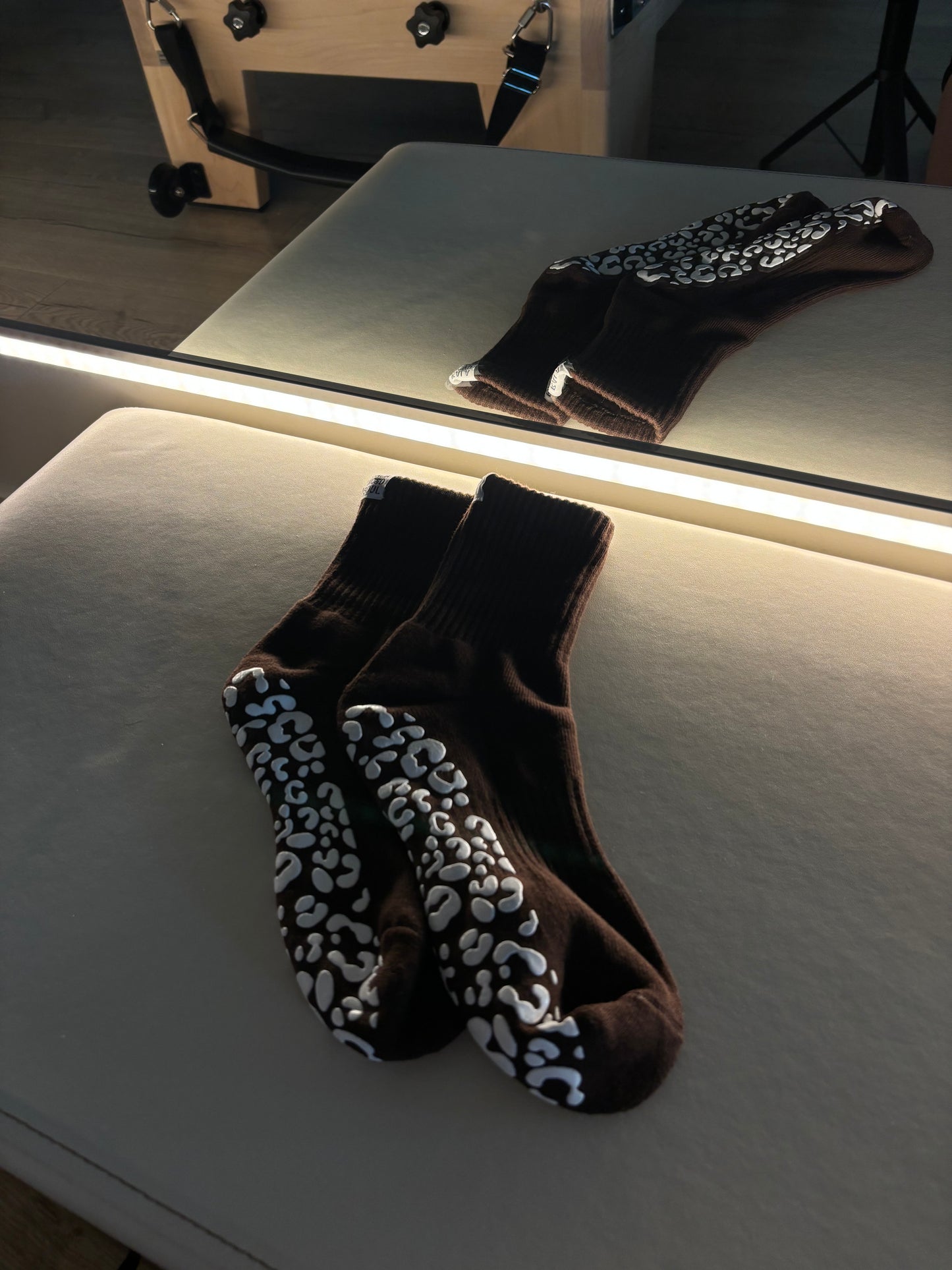 BROWN CREW SOCK - WHITE LEOPARD GRIP & BALANCED SOUL LABEL