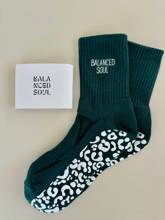 FOREST GREEN CREW SOCK - WHITE LEOPARD - EMBROIDERED LOGO